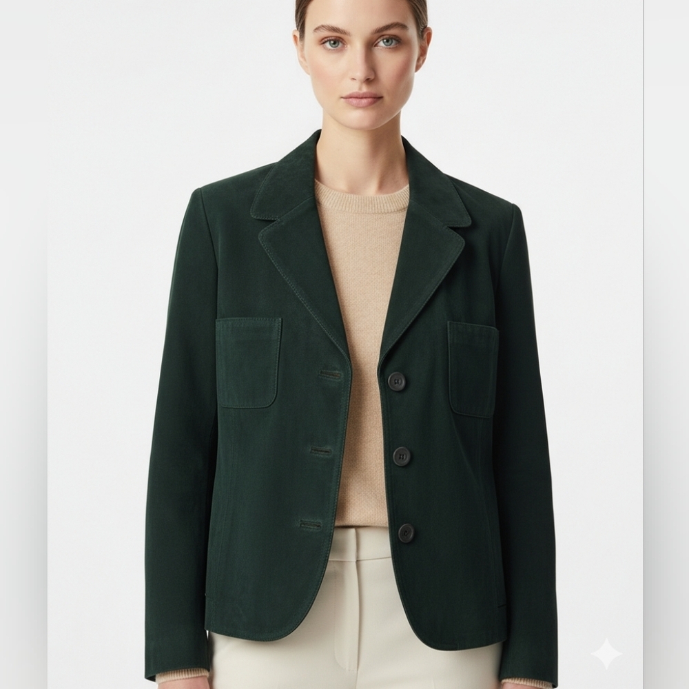 DANIER Green Suede Leather Blazer Jacket - Soft as Butter - Size L Quiet Lux